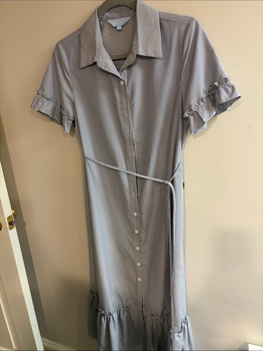 Urge Light Blue Pinstripe Midi Shirt Dress with Ruffle Sleeves and Tie Waist